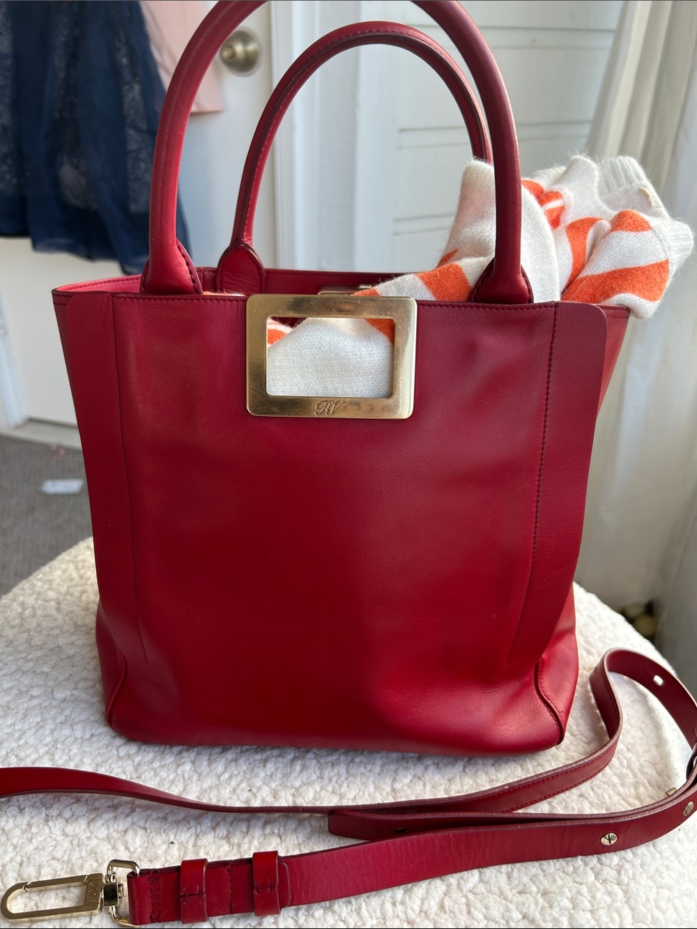 Roger Vivier Red Leather Tote with Gold Accent